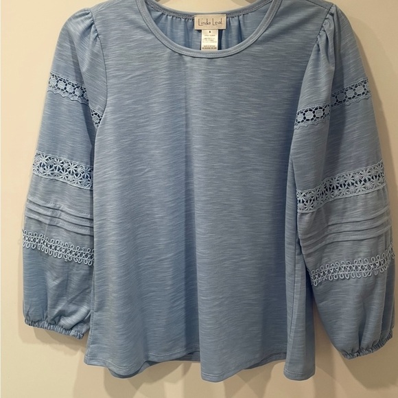 linda leal Tops - LINDA LEAL Women Top Size Small Blue 
Pullover Crochet Lace Cutout Long Sleeve